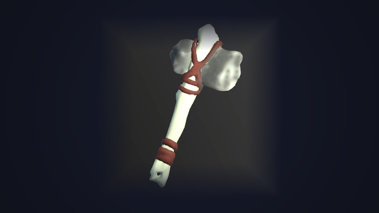 A crude axe of bone and salvage, lashed with red cord.