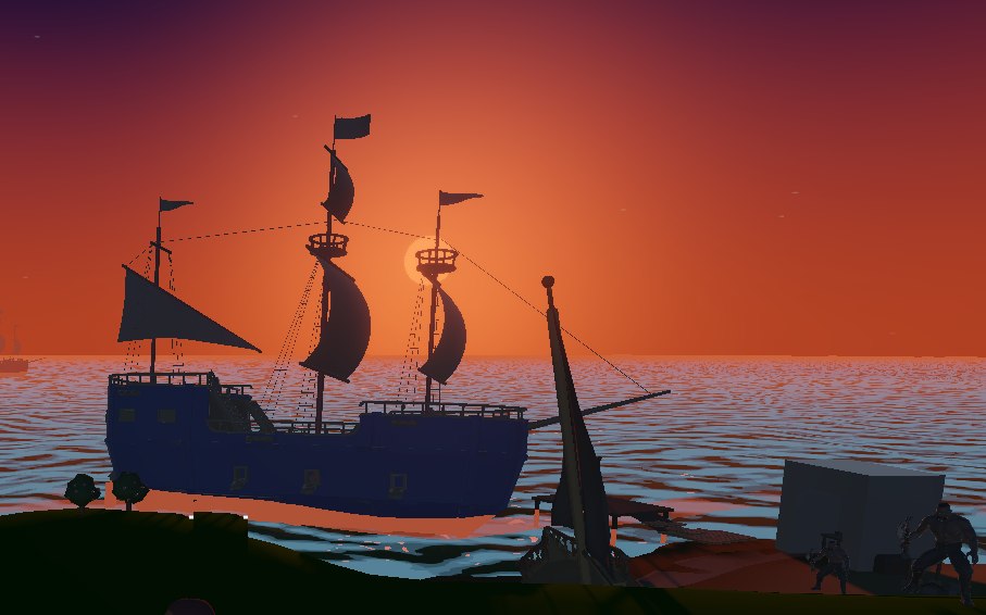 A galleon anchored off a drowned shore, black sails against a sinking sun.
